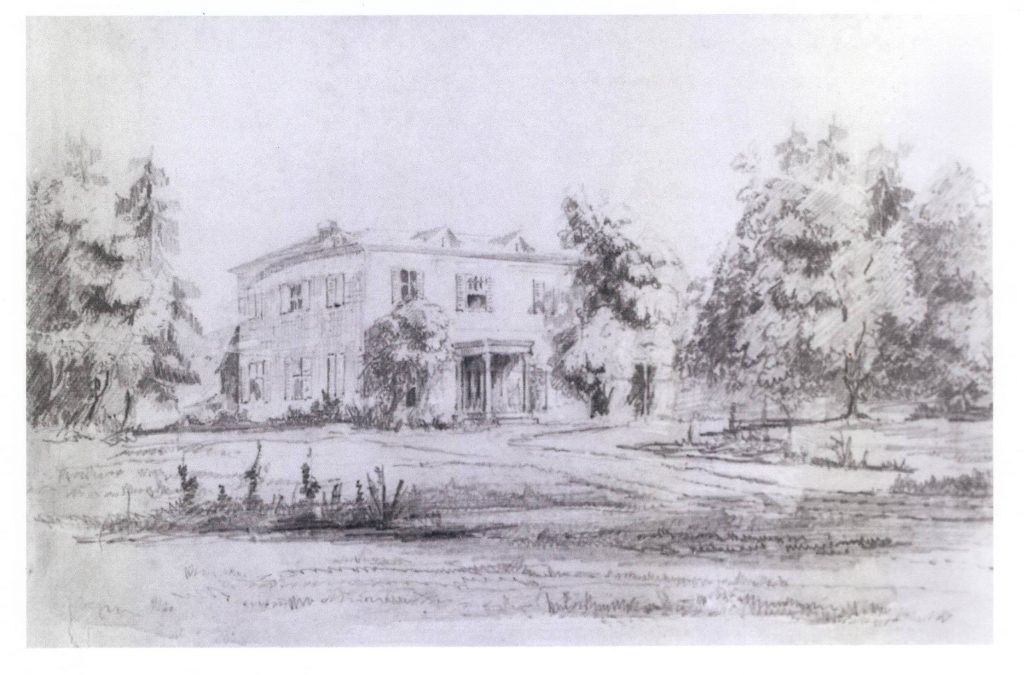 Pencil drawing of Eldon House, a large building with shutters sitting on a lawn with trees and grasses on either side and in the foreground.