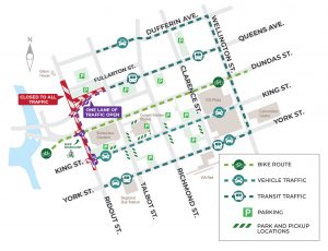 This is a map of the downtown core indicating road closures along Ridout Street North, as well as municipal parking lots. 