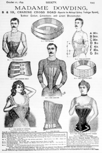A black and white image, it is an advertisement from Madam Dowding's magazine. It is an ad for corsets and has images of men and women wearing them.