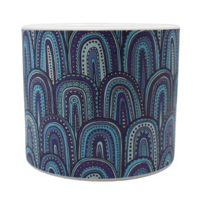 An image of a round pot with arches of various shades of blue.