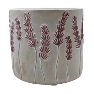 An image of a grey round pot. On the sides there are lavender flowers attached by thin stems.