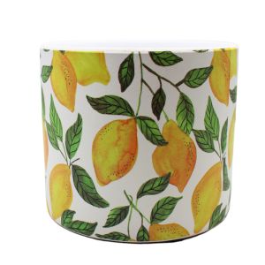 A white round pot. On the sides there are images of lemons and green vines.