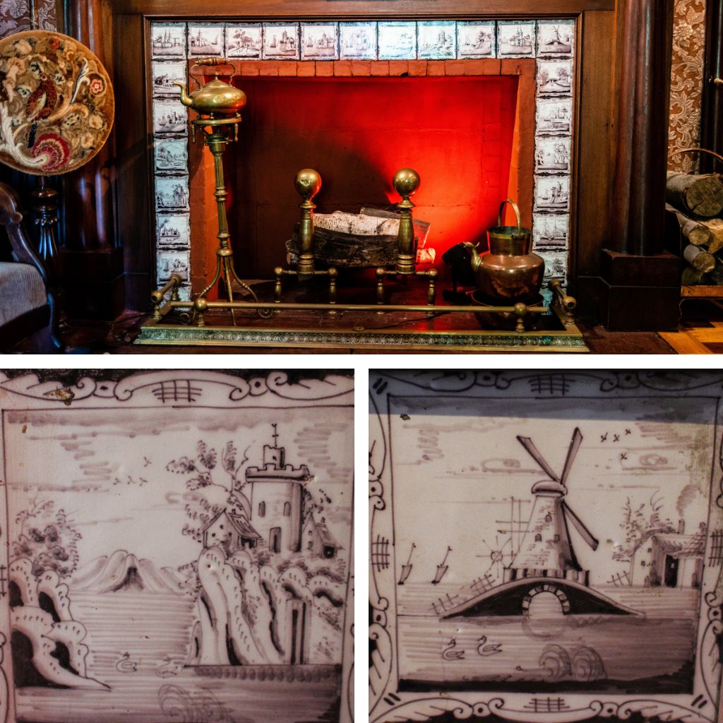 An grid image. At the top is a picture of a wooden fireplace. Tiles line the edge and are white and purple. Inside the fireplace there is a log and a fake red light. On the bottom left there is an image of a castle overlooking a river, and the next tile shows a windmill.