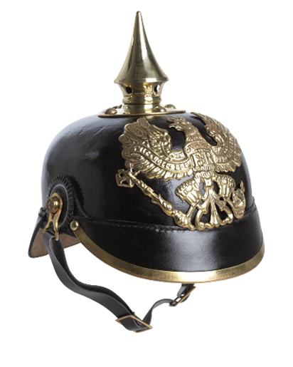 An image of a black helmet. On it there is a gold eagle and a gold spike on top.