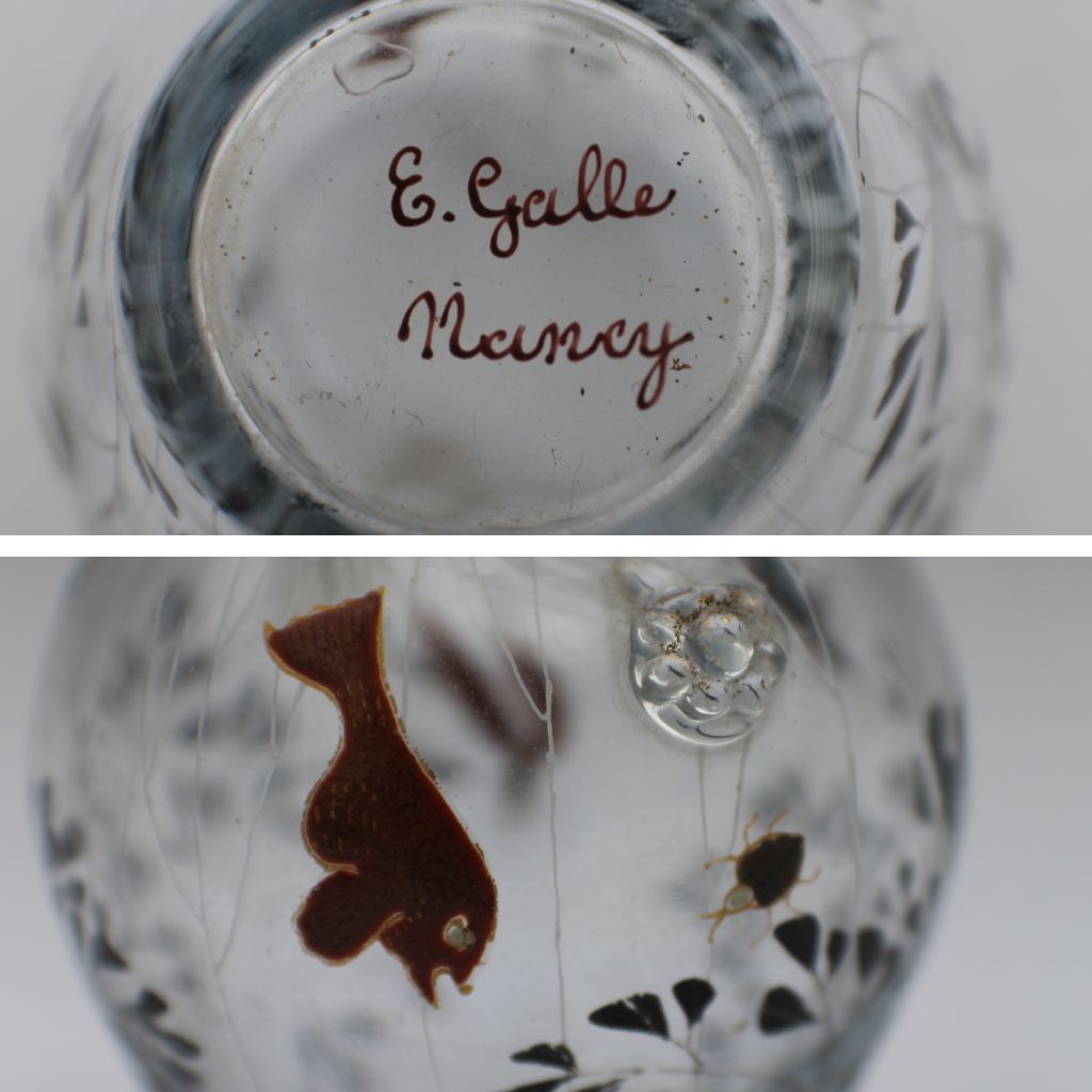 A double image. The top is the bottom of the glass with the name of the artist and his school. The second image is a close up of a fish