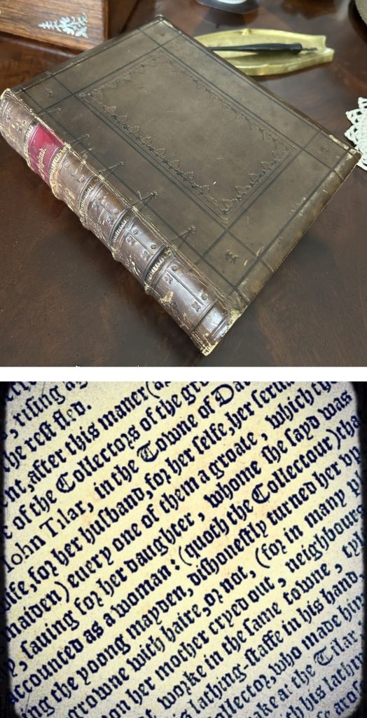 A double image. On the top there is a brown leather book with a red and gold spine. Under there is a close up page from the book.