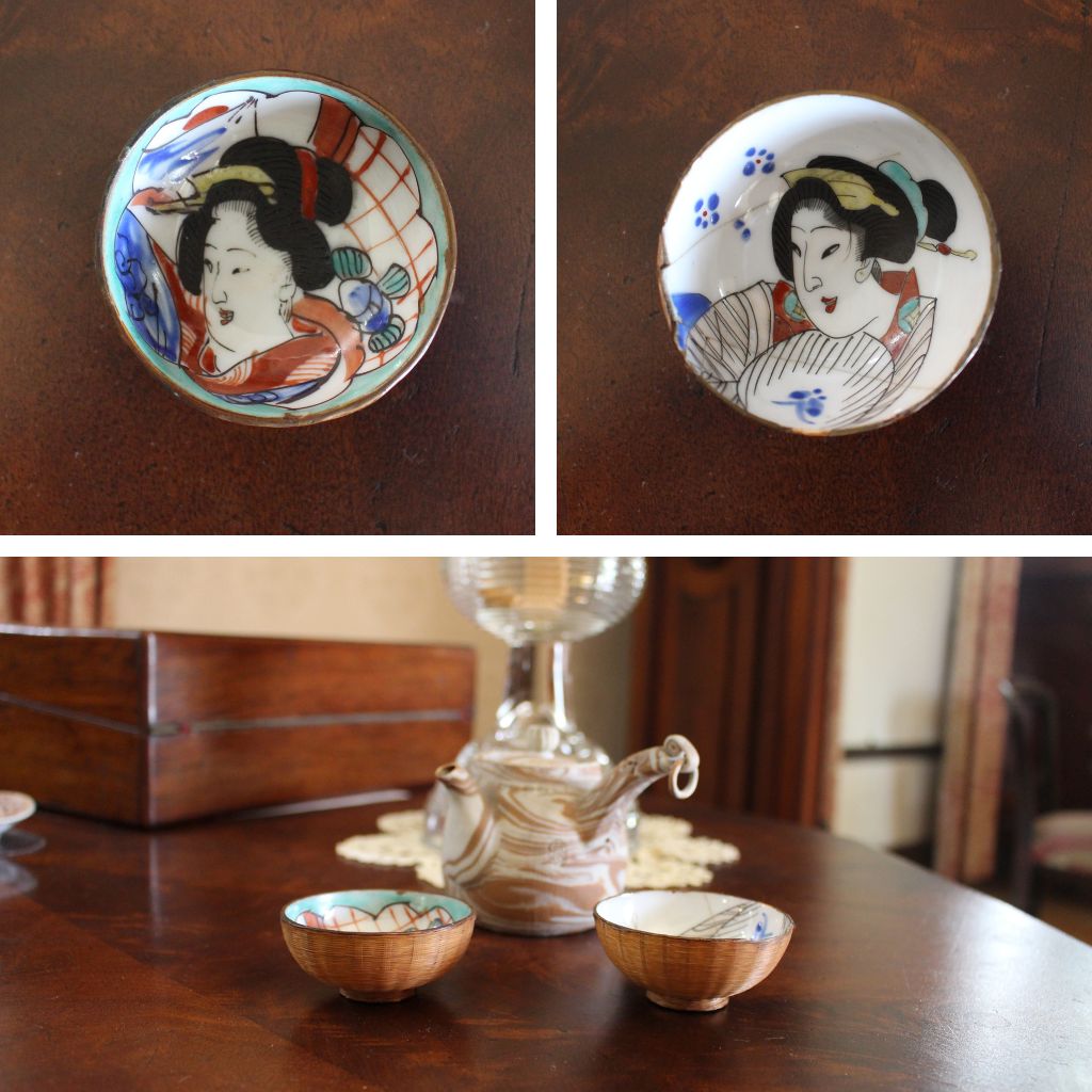 A grid image. At the top are two small images of the inside of a cup. Each has a geisha's face. Under there is an image of the sides of the cups where basketwork is visible. It is sitting on a wooden table with a glass lamp behind.