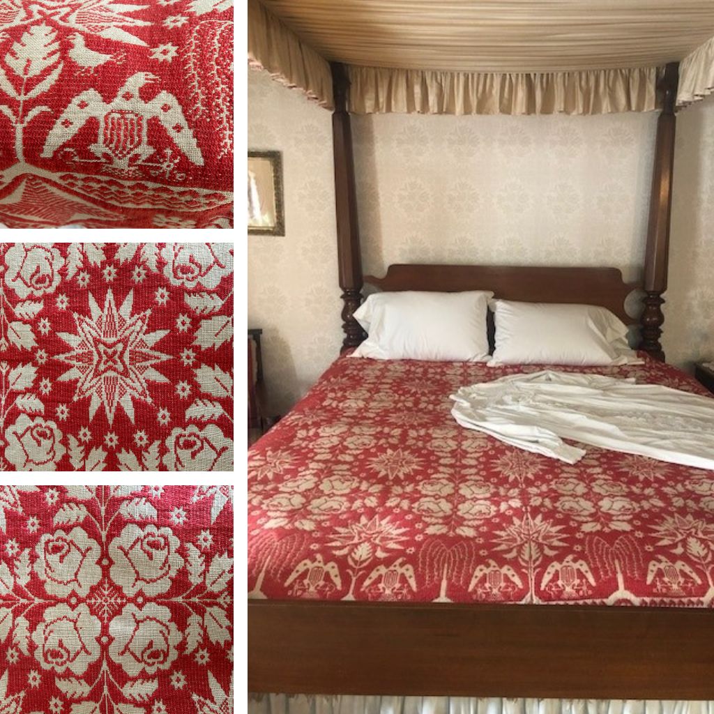 A grid pattern with three images on the side and one long image on the right. On the top left is an image of an eagle woven into red fabric, under is a star, and the bottom is flowers. On the right is an image of a bed with two white pillows and then the coverlet.