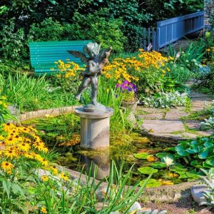 A picture of a cherub cuddling a dolphin. It is standing in the center of a fountain that is filled with water lilies. Around the pond is a lot of black eyed Susan's as well as a green bench.