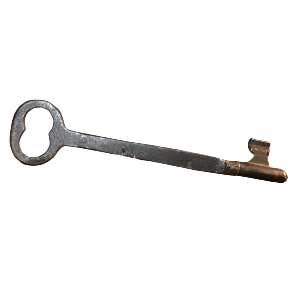 An image of a key. The back end has a round key end. The front has one tooth.