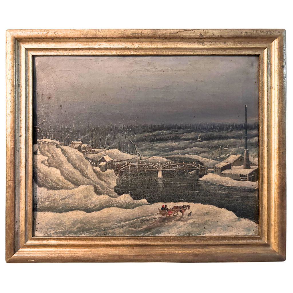 An image of a river with snowy banks. In the foreground there is a horse drawn sled. It is in a gold frame.
