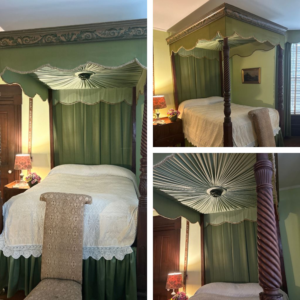 A grid image. On the left there is a full image of the bed. On the right there are two images, the one on top is a further shot of the full bed, the bottom is an image of the canopy.