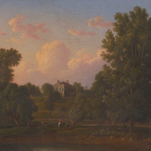 An image of a small yellow house on a hill. Hill side leads down to a river where there are two men and some cows on the banks. Surrounding the house and the hill are trees and foliage.
