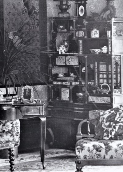 Photograph of the Drawing Room in Eldon House, c.1900, showing Japanese cabinet and objects purchased on 1897/98 world tour. Photo by Milly Harris c. 1900. Harris family fonds, Archives, Western University.