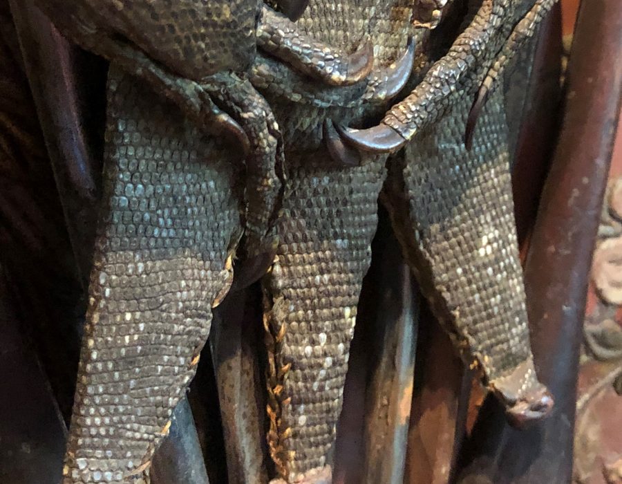 Monitor lizard knife-holder, detail, (c. 1900).  Photographed in situ, Eldon House. Photo by S. Butlin.