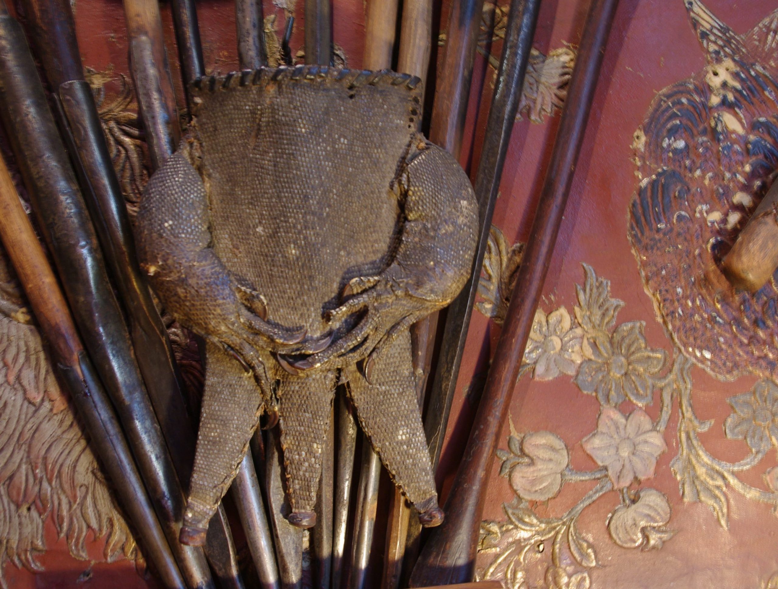 Monitor lizard knife-holder, and detail, (c. 1900).  Photographed in situ, Eldon House. Photo by S. Butlin.