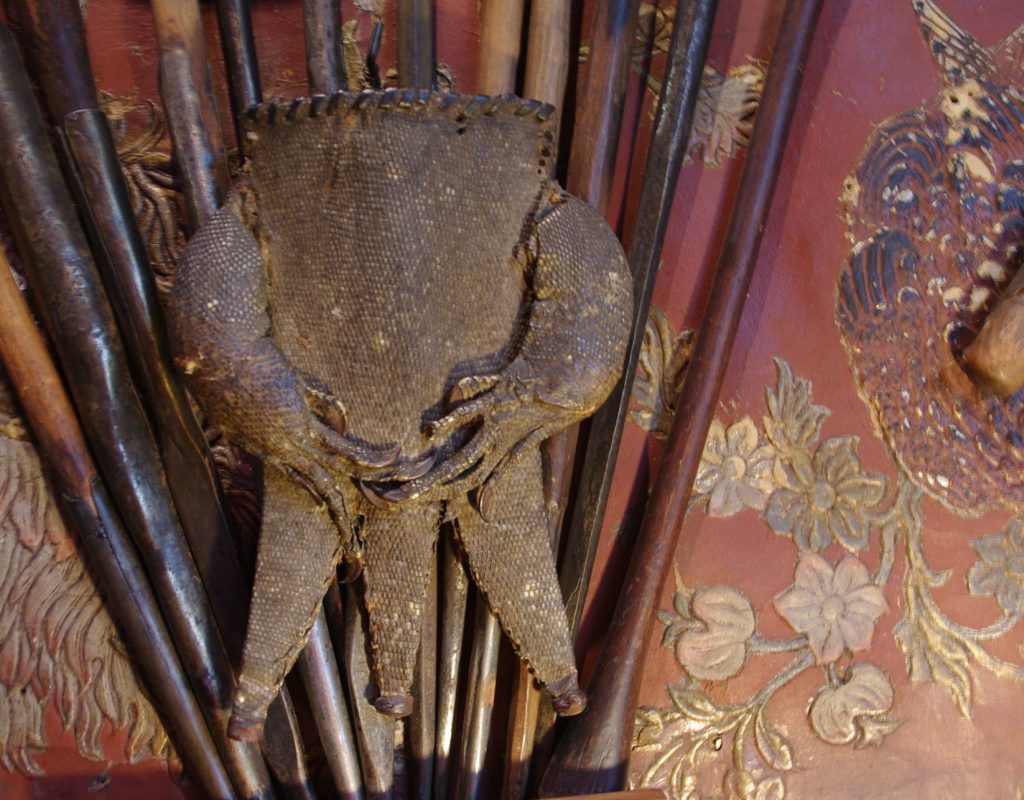 Monitor lizard knife-holder, and detail, (c. 1900).  Photographed in situ, Eldon House. Photo by S. Butlin.