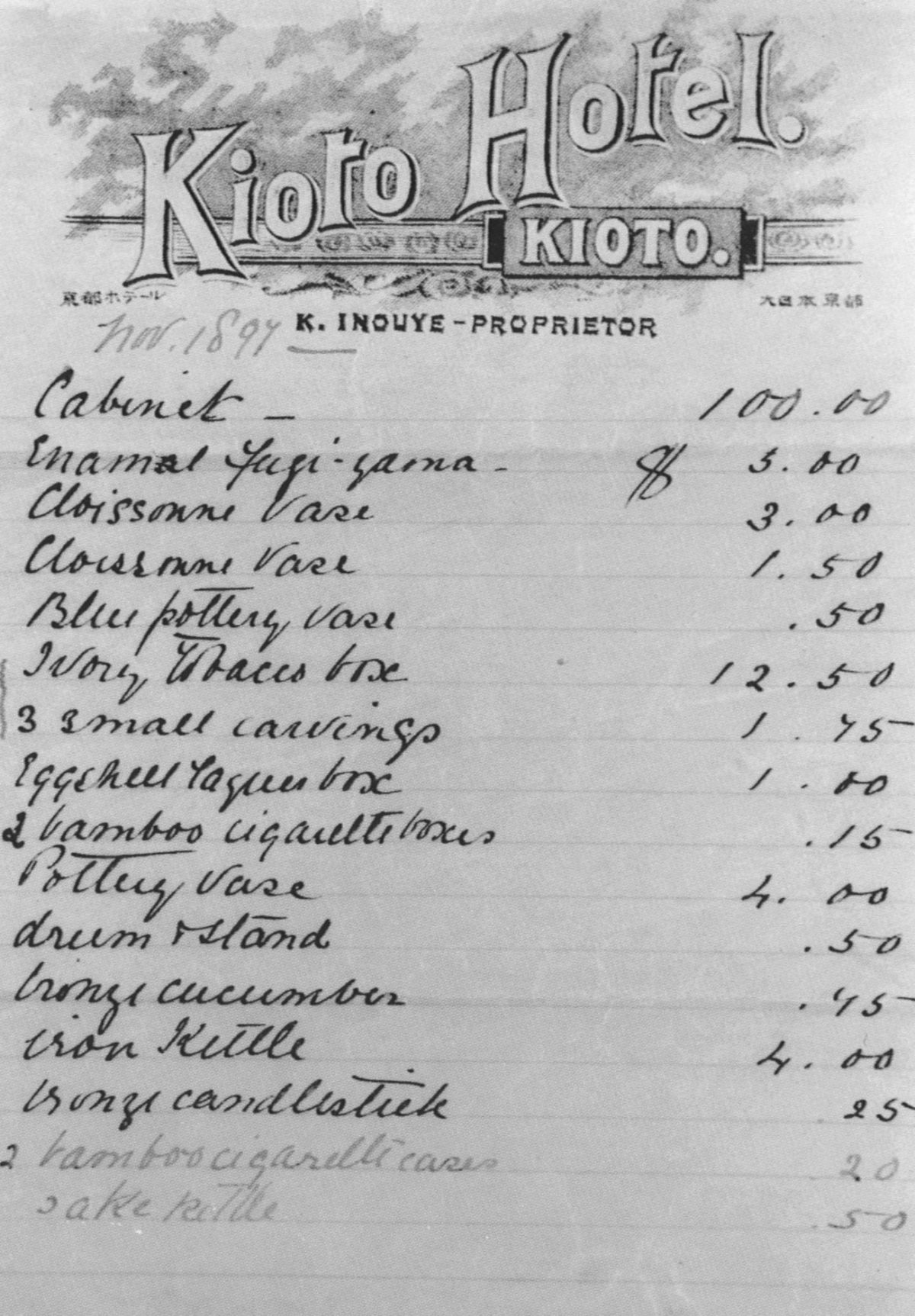 The Japanese gourd-shaped hanging vase is listed as “bronze cucumber” near the bottom of this handwritten list of objects, itemizing the cost of each, bought by the Harris family while travelling in Japan in 1897.  Dated November 1897 it appears to be written on “Kioto Hotel’ notepaper. Harris family fonds, Archives, Western University.