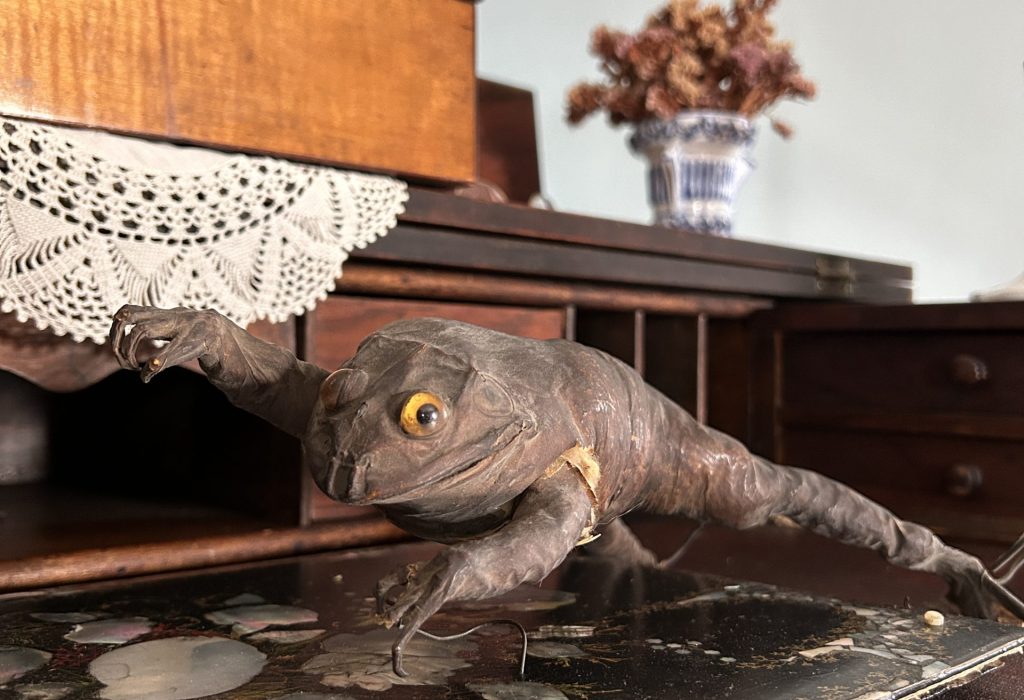 A frog that has been stuffed. It is positioned that it looks like it is leaping. It is sitting on a test with a mother of pearl writing pad below.